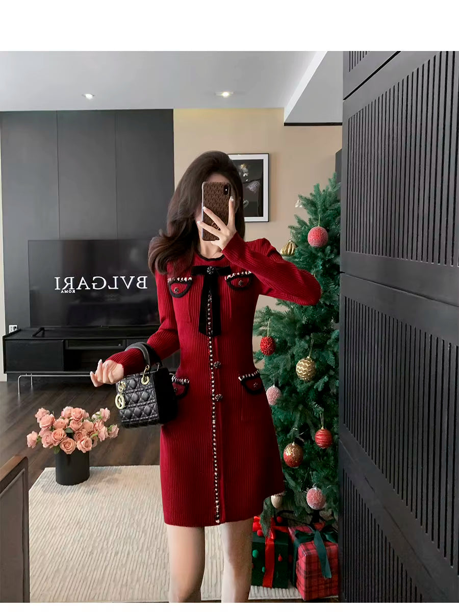 French Style Small Fragrance High-End Temperament Bow New Long Sleeved Knitted Slim Fit Dress A-Line Skirt