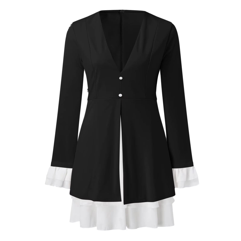 Women A-Line Dresses Retro V Neck Ruffle Hem Stitching Two Pink Long Sleeve Dresses Elegant Blazer Ladies Formal Short Vestidos