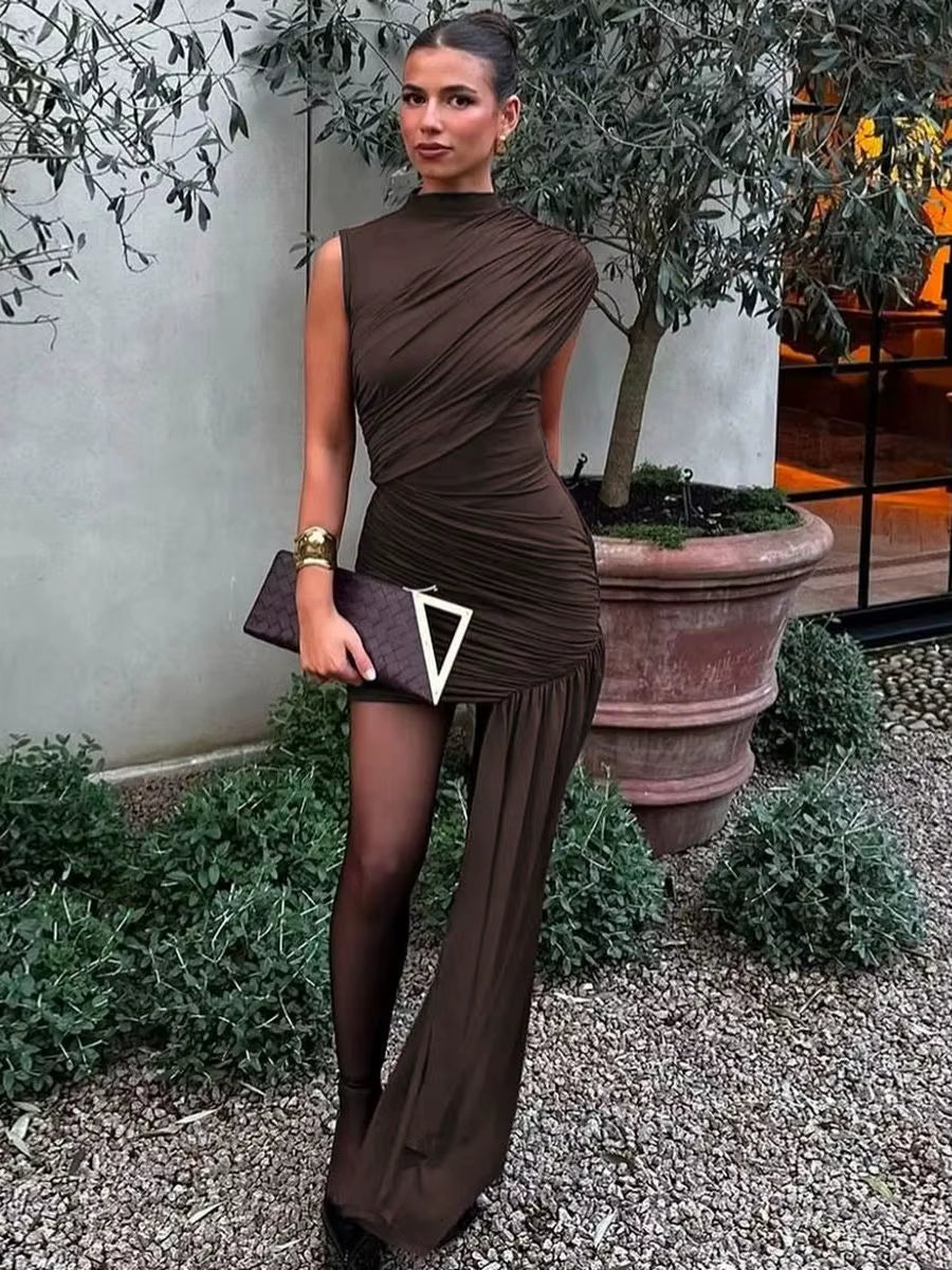 Irregular Draped Ruched Sexy Mini Dress for Women Turtleneck Sleeveless Pleated Slim Party Dress Female Holiday Beach Dresses