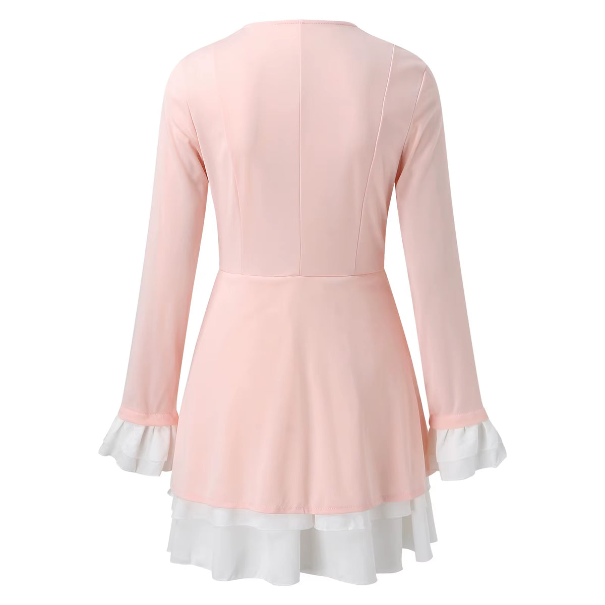Women A-Line Dresses Retro V Neck Ruffle Hem Stitching Two Pink Long Sleeve Dresses Elegant Blazer Ladies Formal Short Vestidos