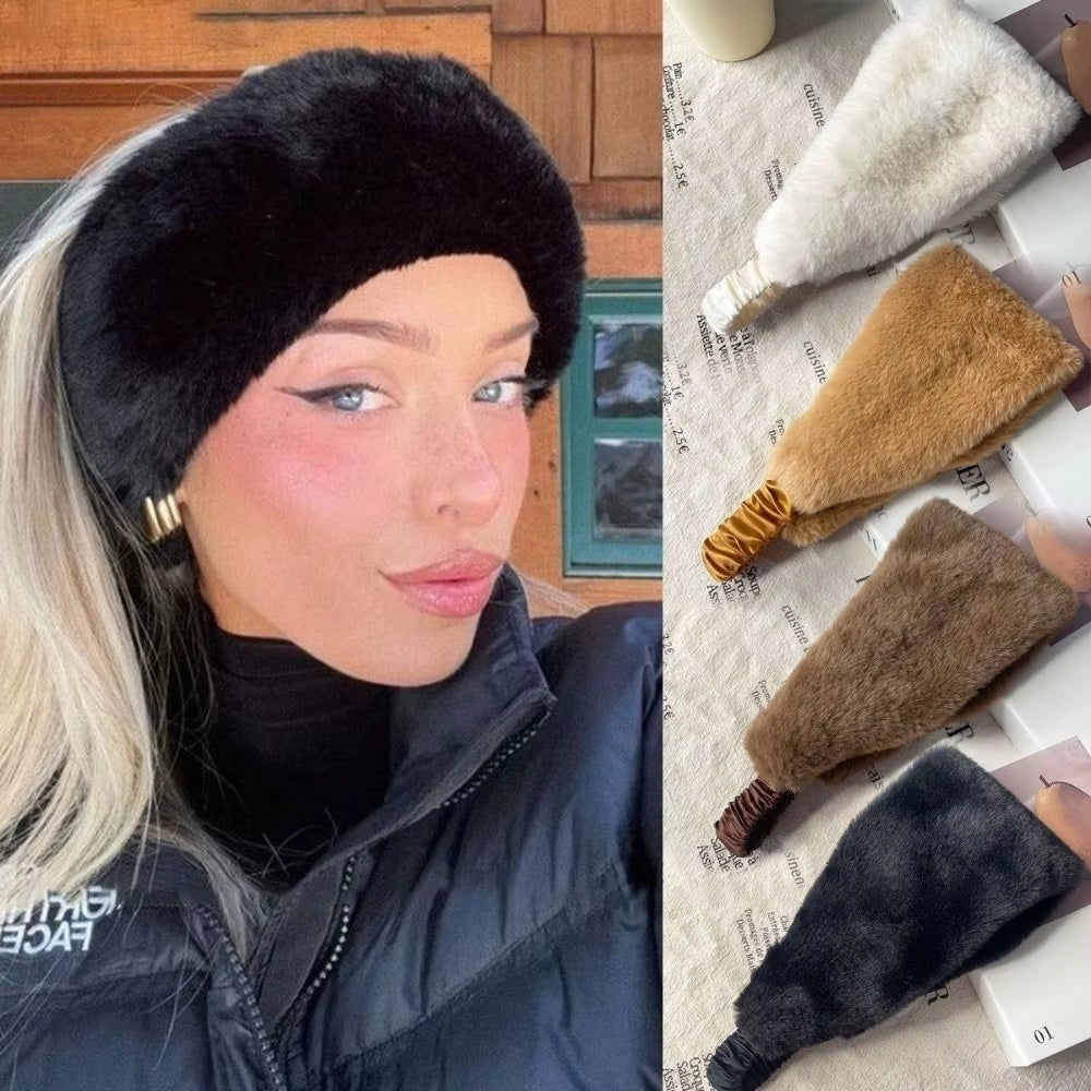 New Wide Design Fluffy Headband Solid Color Elastic Hair Band Soft Imitation Fur Hairbands Daily Wear